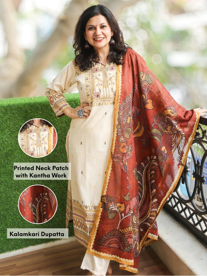Chanda Buttermilk Beige Printed Necline with Kantha Detailing Cotton 3 Piece Set