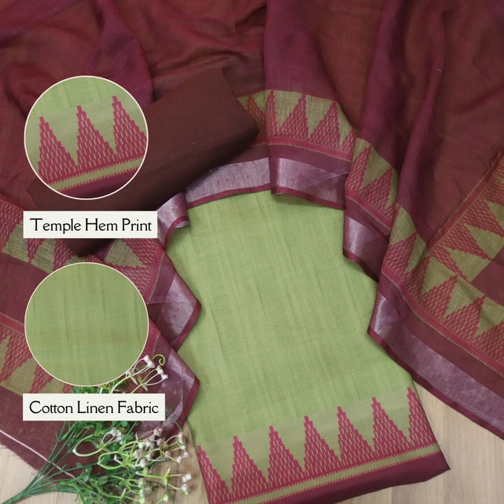 Rooprani Castle Green Temple Hem Print in South Cotton Linen Suit Set