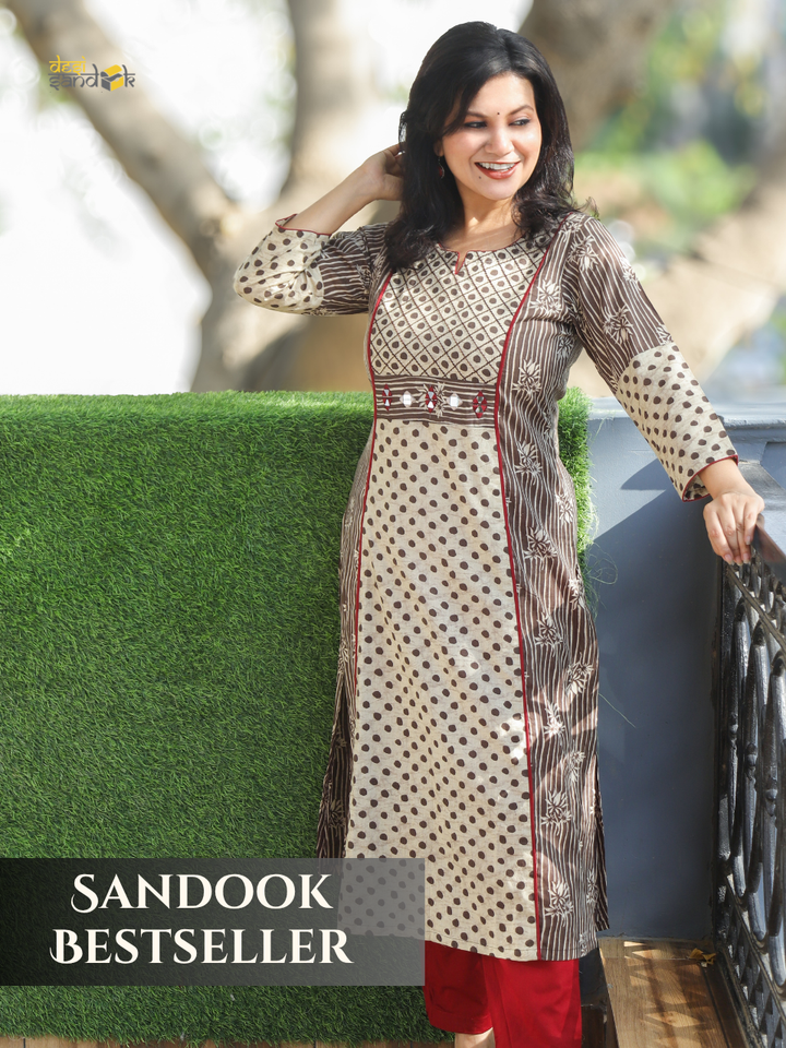 Mehram Latte Tan Dabu Panel Cotton Kurti