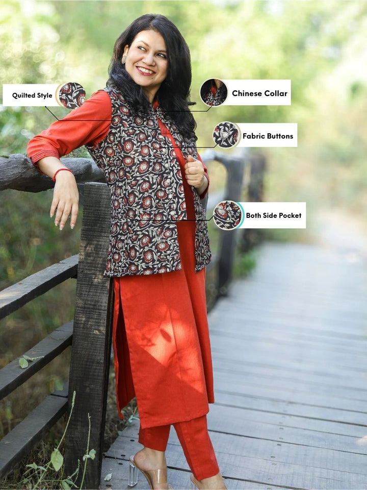 Ebony Black Kalamkari Printed Quilted Cotton Jacket