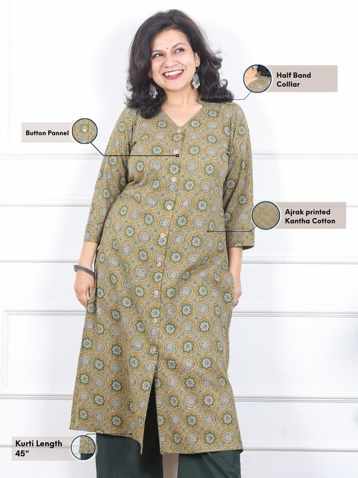 Khawb Fern Green Ajrak Printed in Kantha with Button Work Cotton Kurti