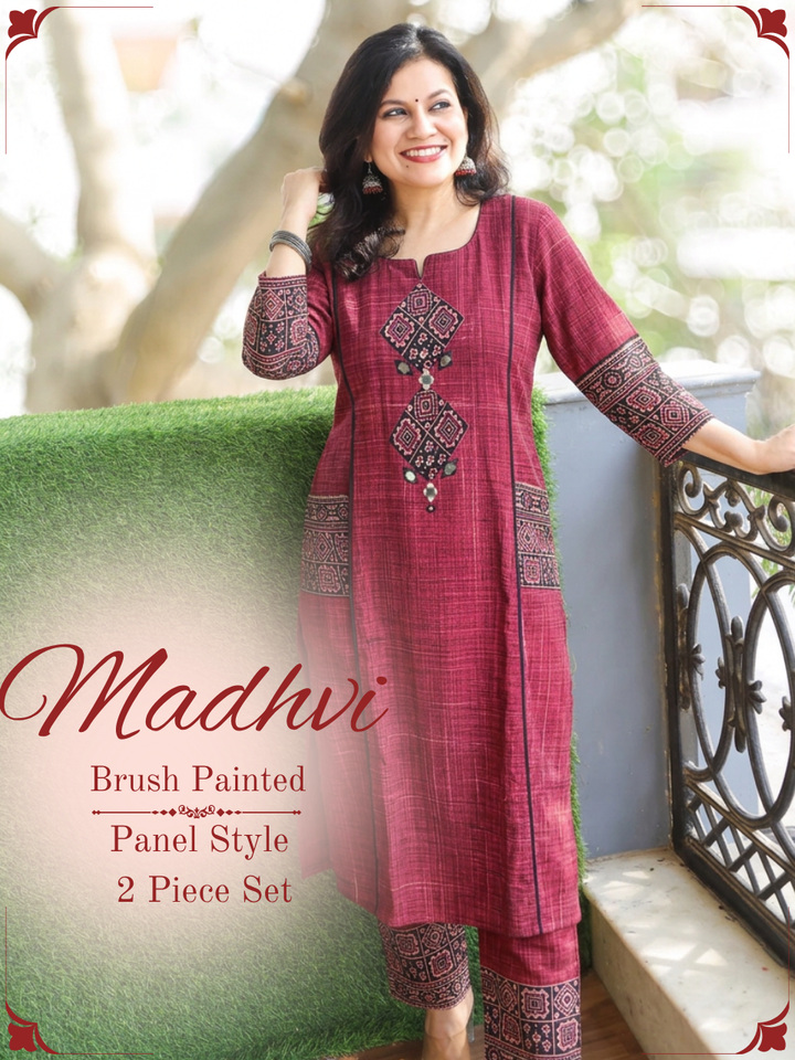 Madhvi Red Ajrakh Yoke Brush Painted Cotton 2 Piece Set