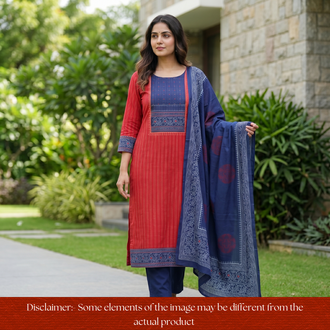 Bansi Cherry Red Batik Printed Yoke in Weaved Cotton Set