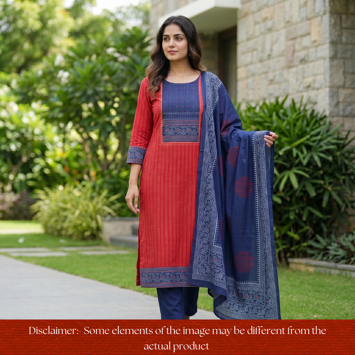 Bansi Cherry Red Batik Printed Yoke in Weaved Cotton Set