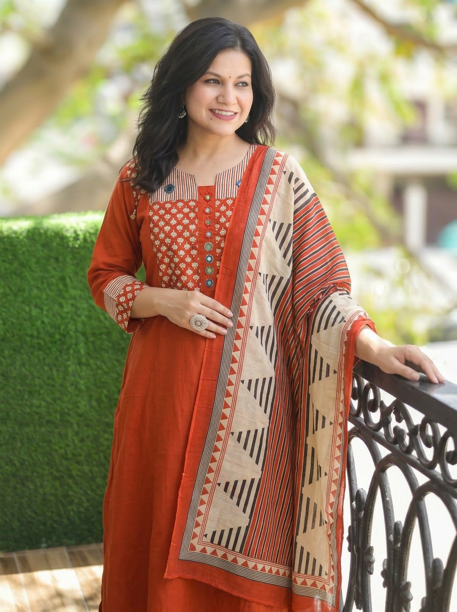 Jessica Rust Orange Mirror Yoke Cotton 3 Piece Set