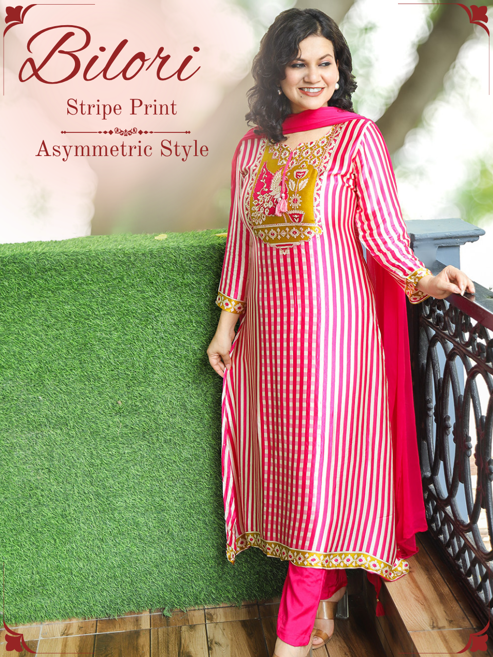 Bilori Pink Peacock Printed Yoke Gajji Silk 3 Piece Set