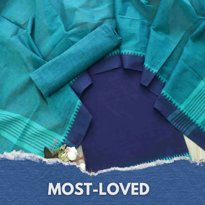 Sanskruti Denim Blue with Teal Temple Hem South Cotton Suit Set