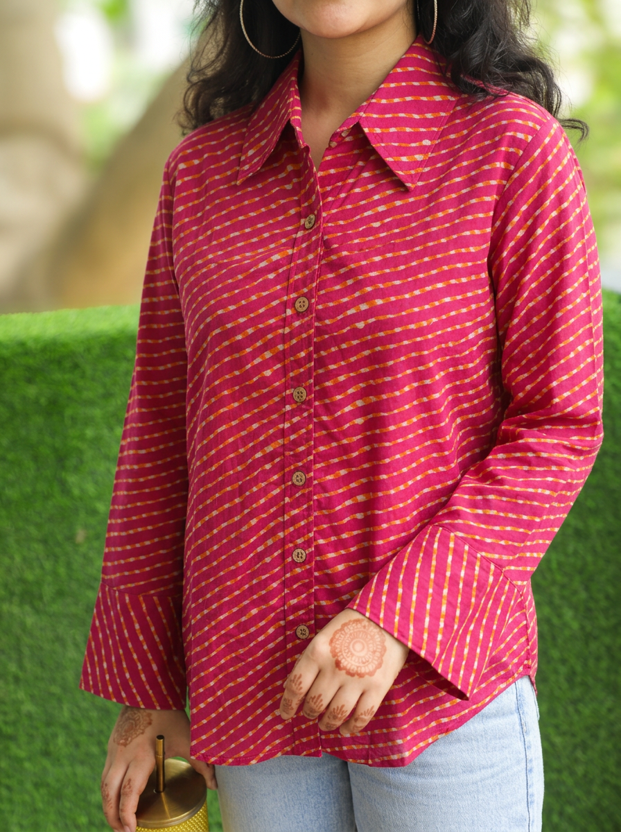 Leher Rani Red Leheriya Print Wood Button Cotton Shirt