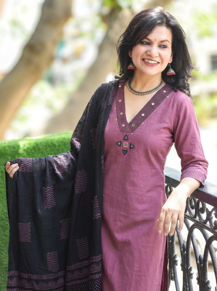 Sharmili Rose Mauve Mirror Handloom Cotton 3 Piece Set