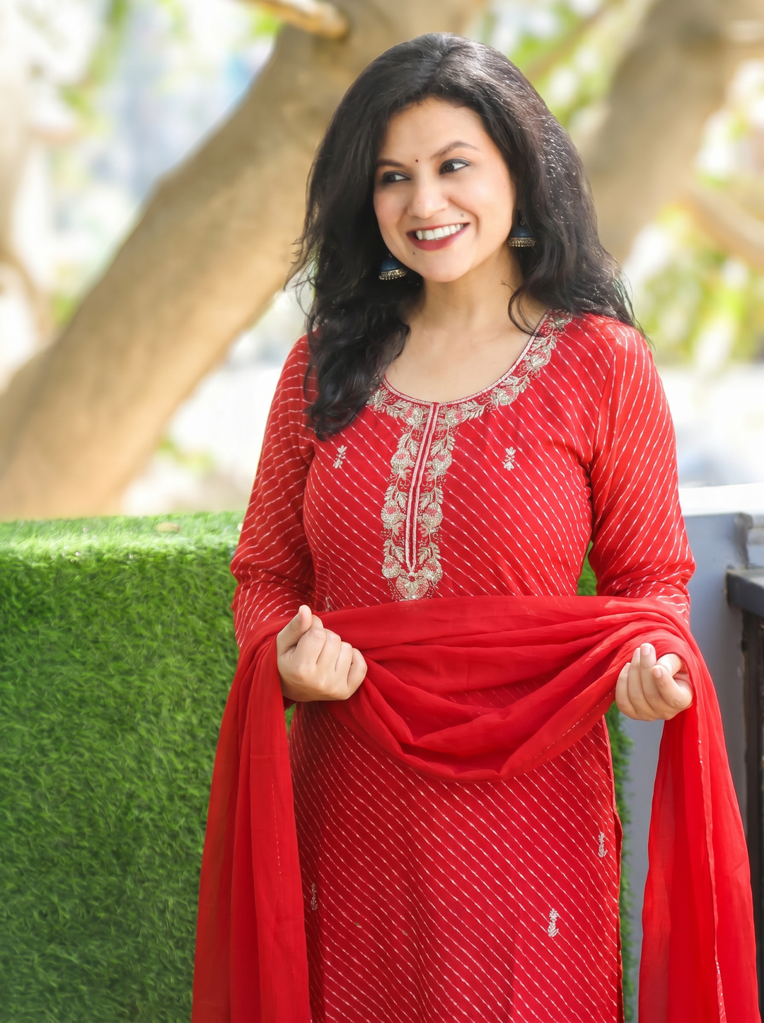 Leher Rani Red Embellished Leheriya Georgette 3 Piece Set
