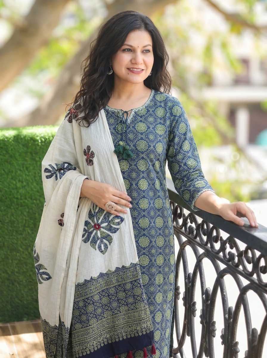 Jessica Cerulean Blue Ajrak Print Cotton 3 Piece Set