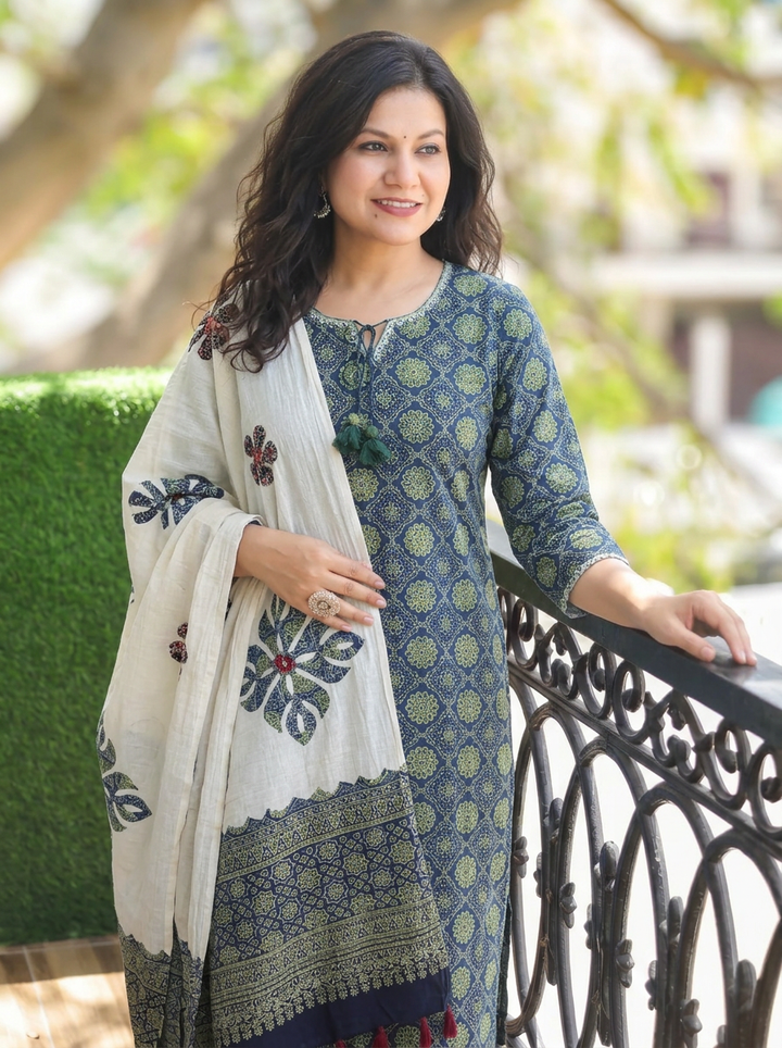 Jessica Cerulean Blue Ajrak Print Cotton 3 Piece Set