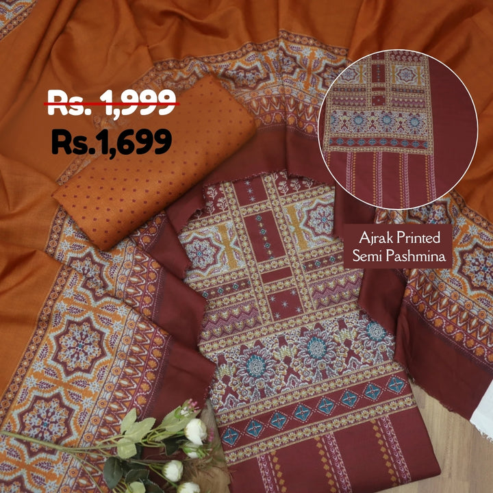 सुनहरी Cherry Maroon Ajrak Placement Printed Semi Pashmina Winter Set