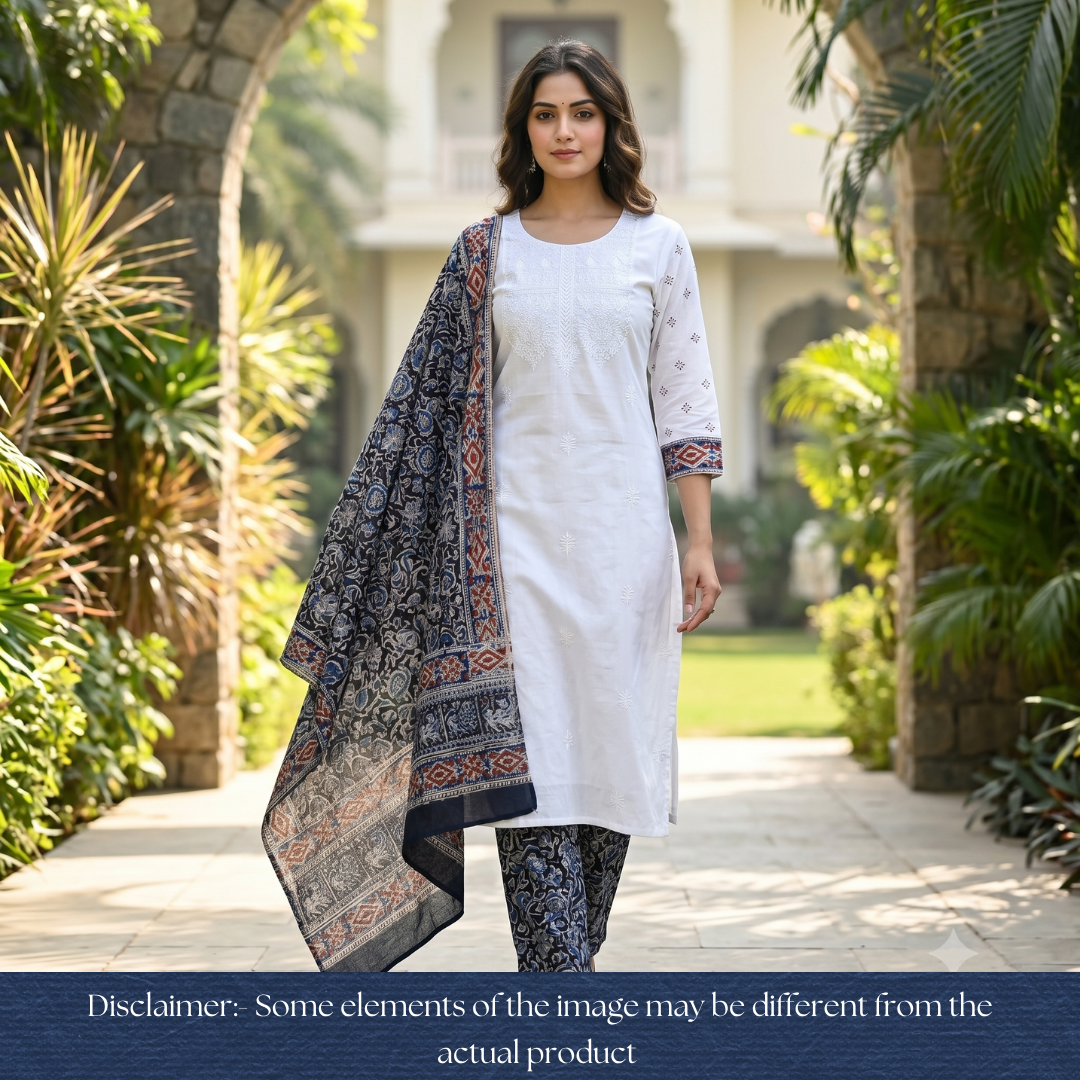 Khushi Beige Top with Blue Black Kalamkari Printed Dupatta Set