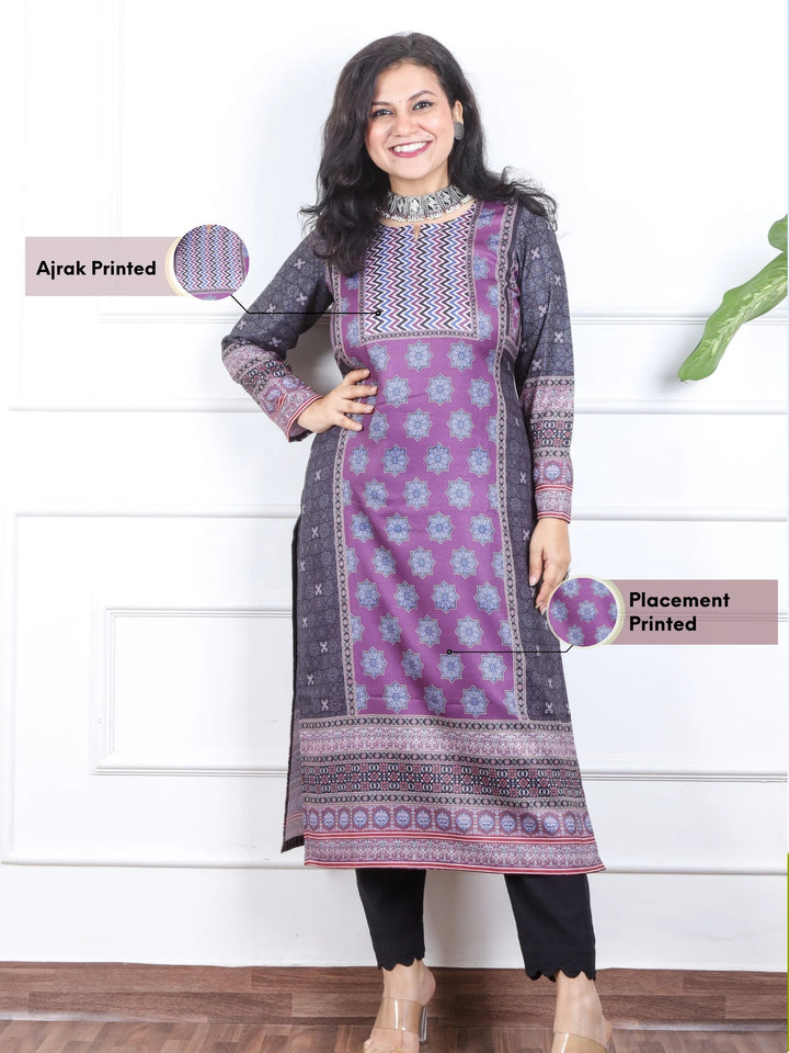 Deep Purple Ajrak Placement Print Semi Pashmina Winter Kurti