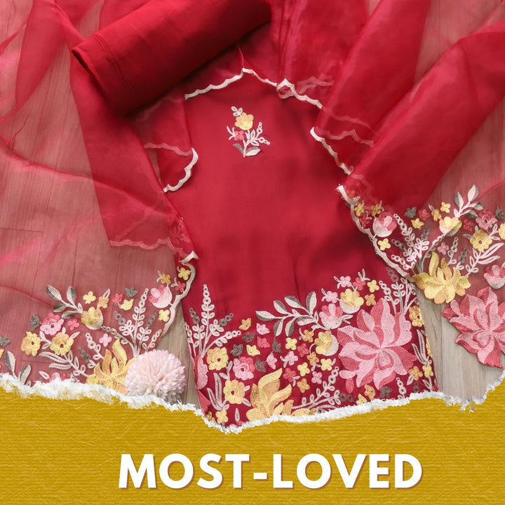 Rivva Berry Red with Kashida Embroidered Hem Modal Suit Set