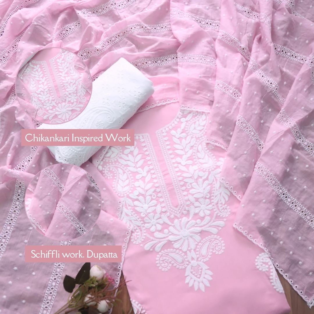 Apurav Soft Candy Pink Chikankari inspired Neck Work Cotton Suit Set