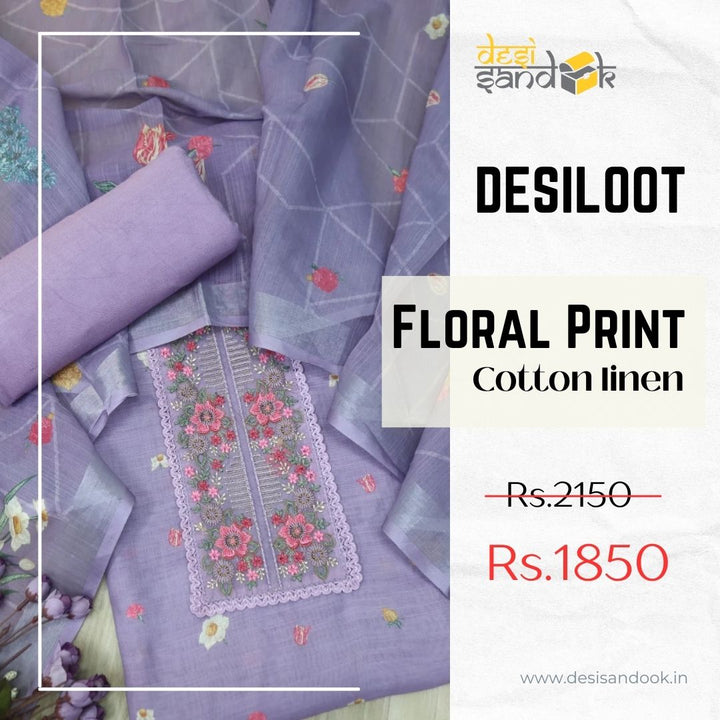 Nazrana Lavender Thread Embroidery Patch Work Floral Print Cotton linen suit Set