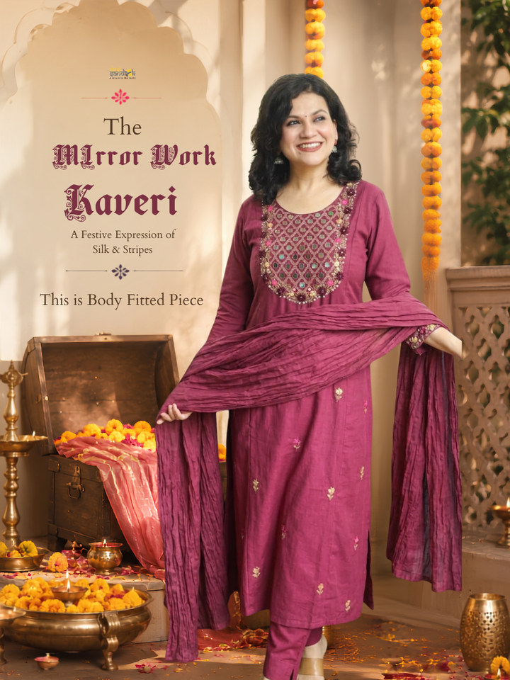Kaveri Mahogany Wine Mirror Work Yoke Cotton 3 Piece Set