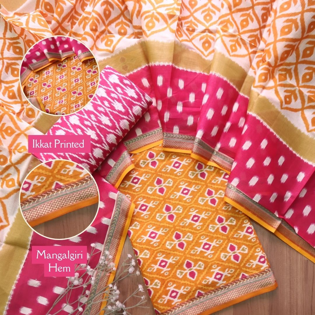 Kaasvi Orange Yellow Ikkat Printed Mangalgiri Hem Work Cotton Suit Set -D2