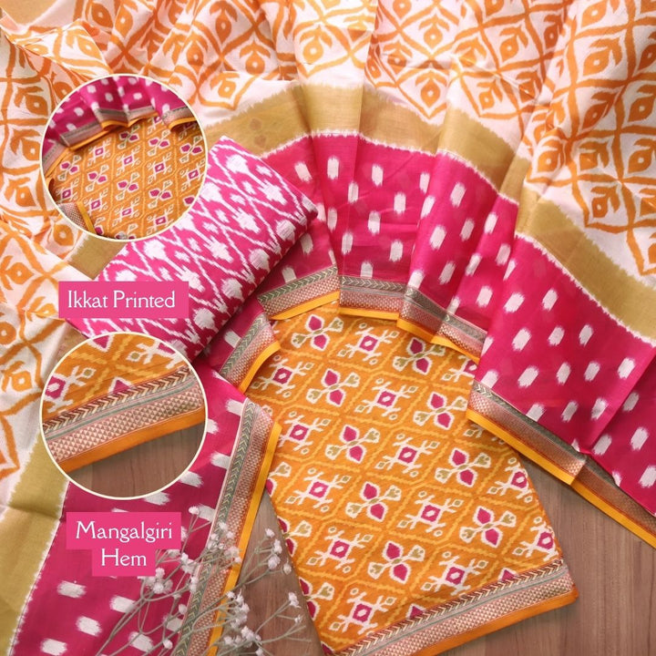 Kaasvi Orange Yellow Ikkat Printed Mangalgiri Hem Work Cotton Suit Set -D2