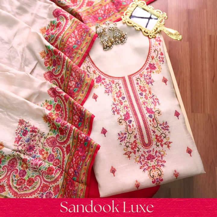 Saraayah Off-White Luxe Pochampally Print in Pogishan Jacquard Weaved Gajji Silk Set