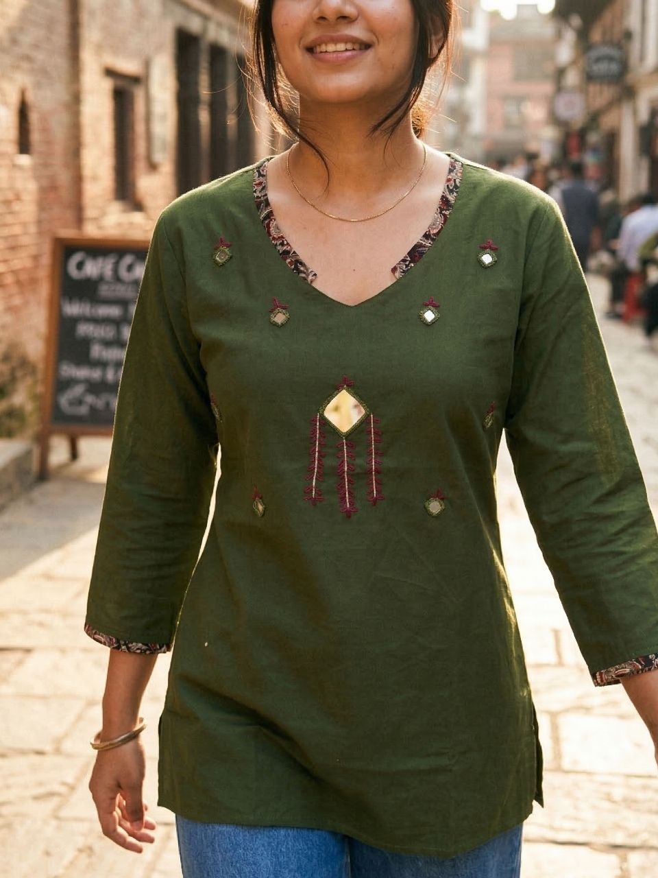 Shelly Green Mirror Cotton Short Kurti