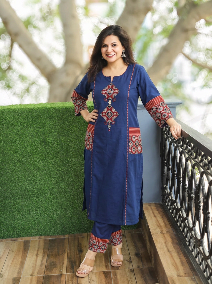 Karishma Royal Blue Ajrakh Patch with Mirror Panel Style Cotton Co-ord Set