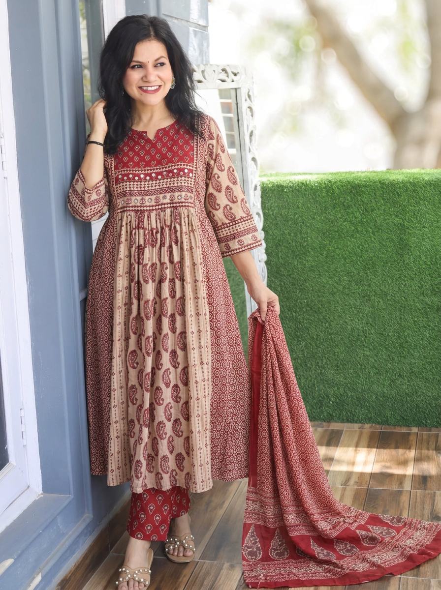 Parvati Beige Maroon Panel Stye Cotton 3 Piece Set