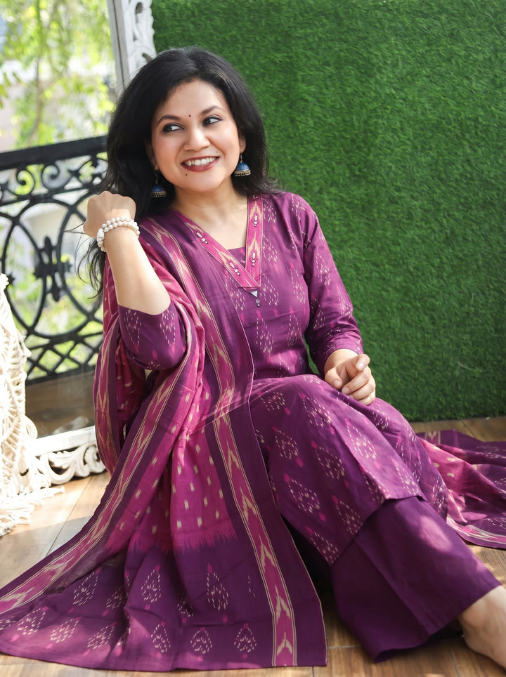 Shrivali Mulberry Purple Ikkat Cotton 3 Piece Set