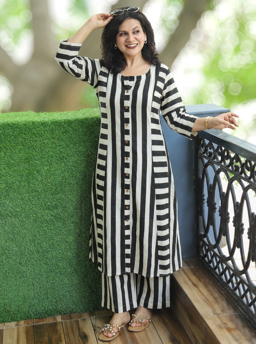 Samiya White Black Semi Natural Stripe Print Co-ord Set