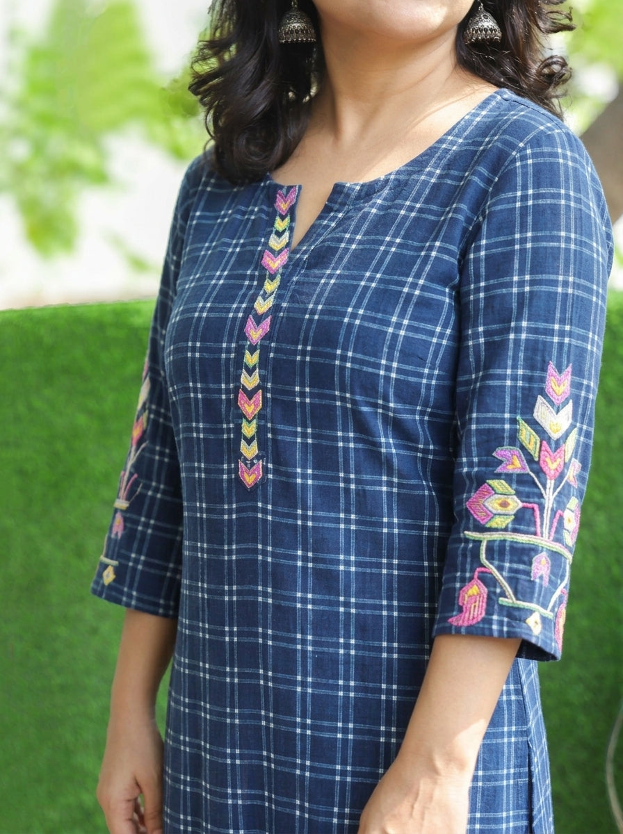 Prushna Denim Blue Embroidered Check Print Cotton Co-ord Set