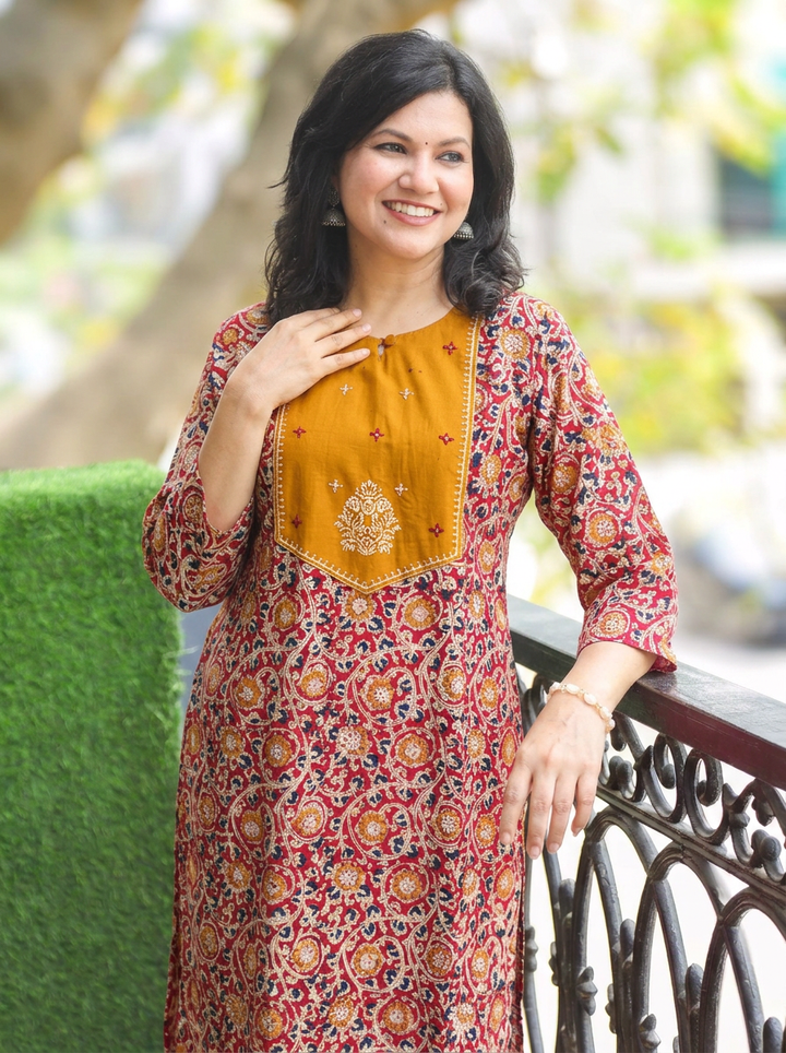 Advika Yellow Yoke with Maroon Kalamkari Print Cotton 2 Piece Set