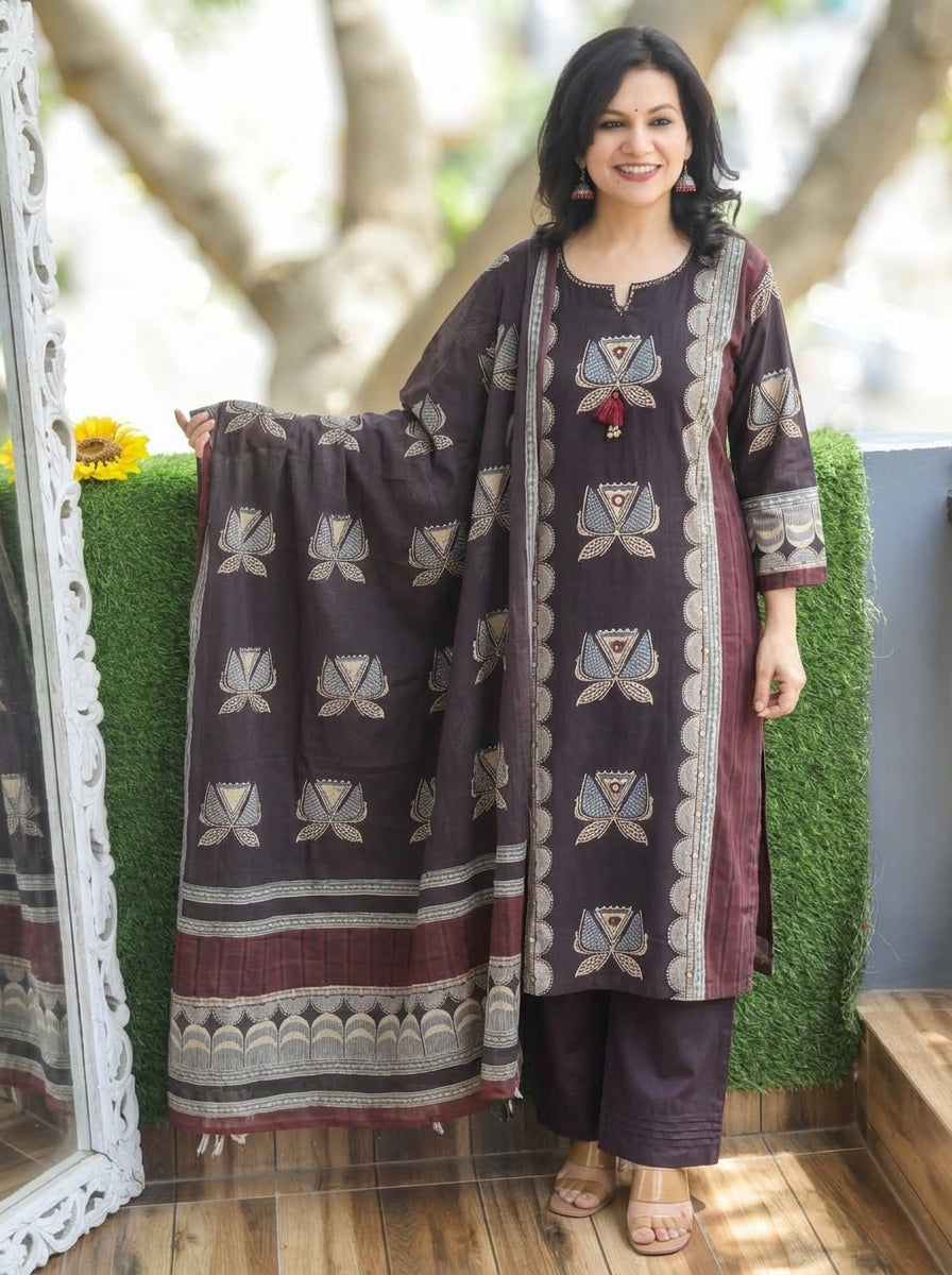 Rushali Black Panel Block Printed Cotton 3 Piece Set