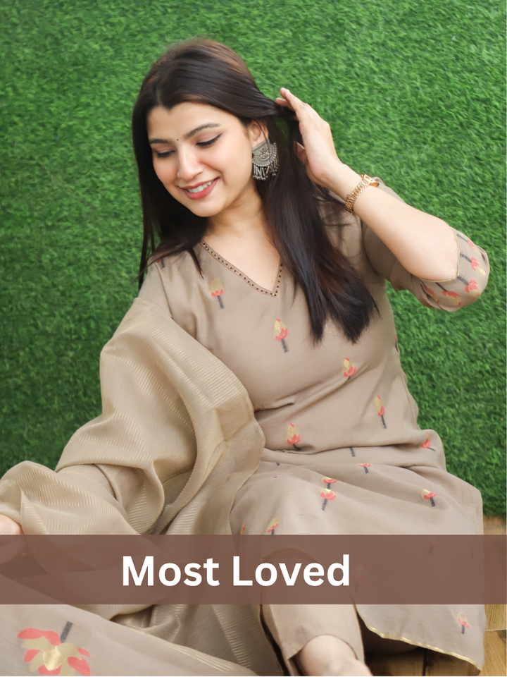 Samara Chiku V Neck Pichwai Print Chanderi 3 Piece Set