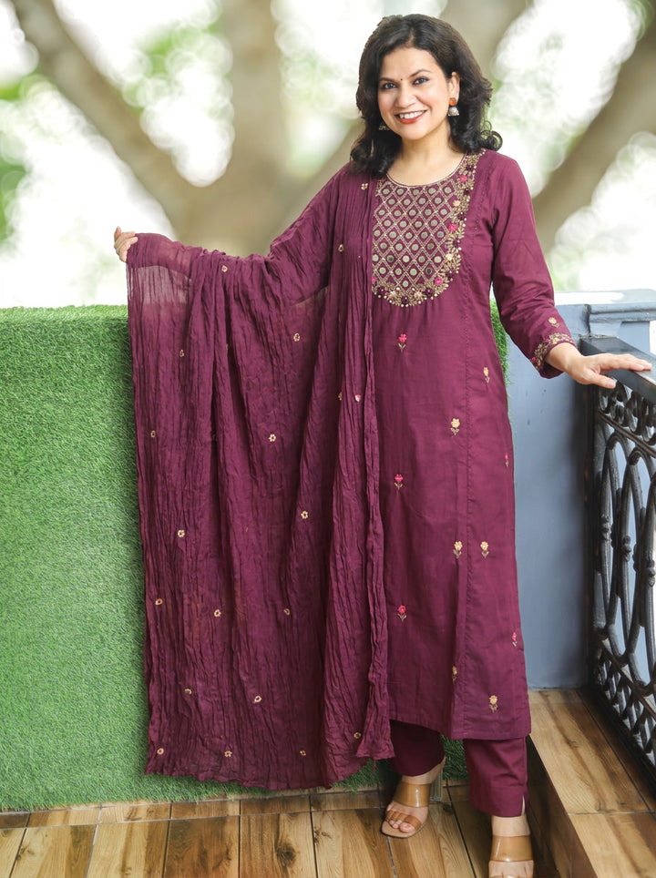 Kaveri Mahogany Wine Mirror Work Yoke Cotton 3 Piece Set