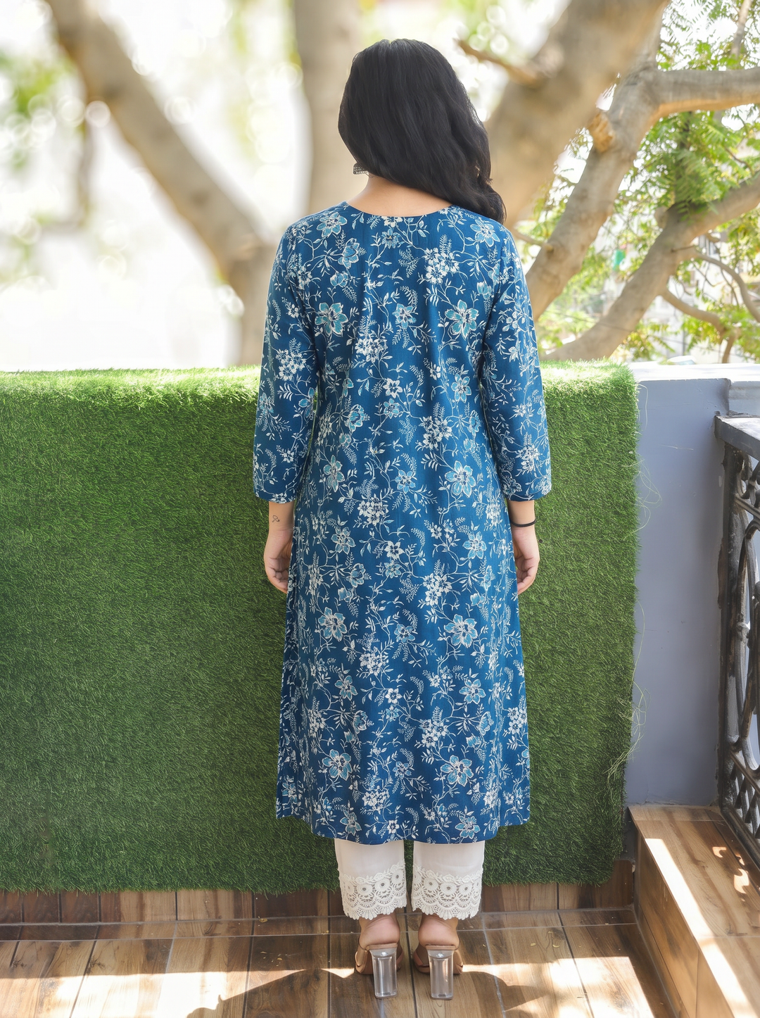 Varsha Indie Blue Angrakha Floral Panel Cotton Kurti