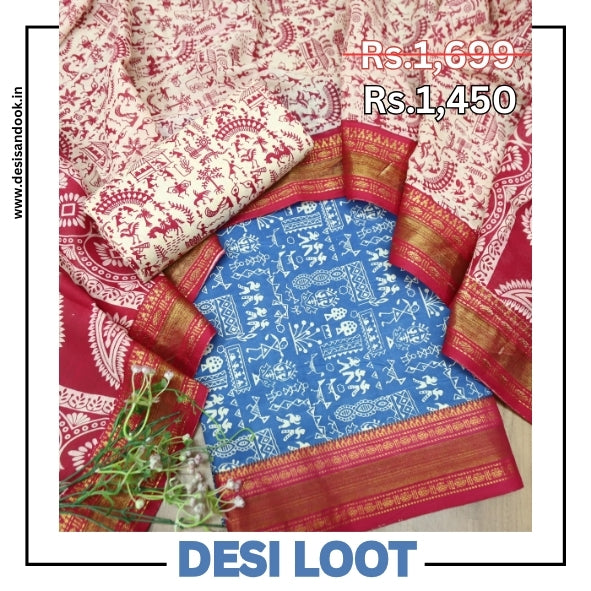 Anaya Aasmani Blue Warli Printed in Mangalgiri Hem Work Cotton Suit Set