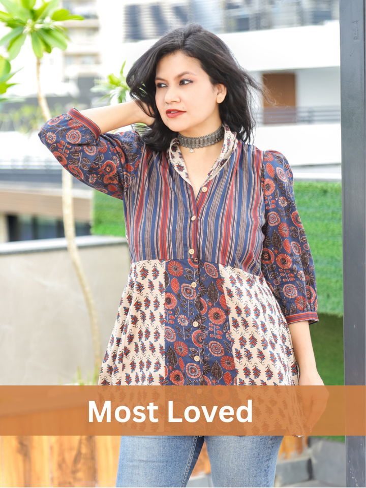 Sara Blue Peplum Ajrak Cotton Shirt