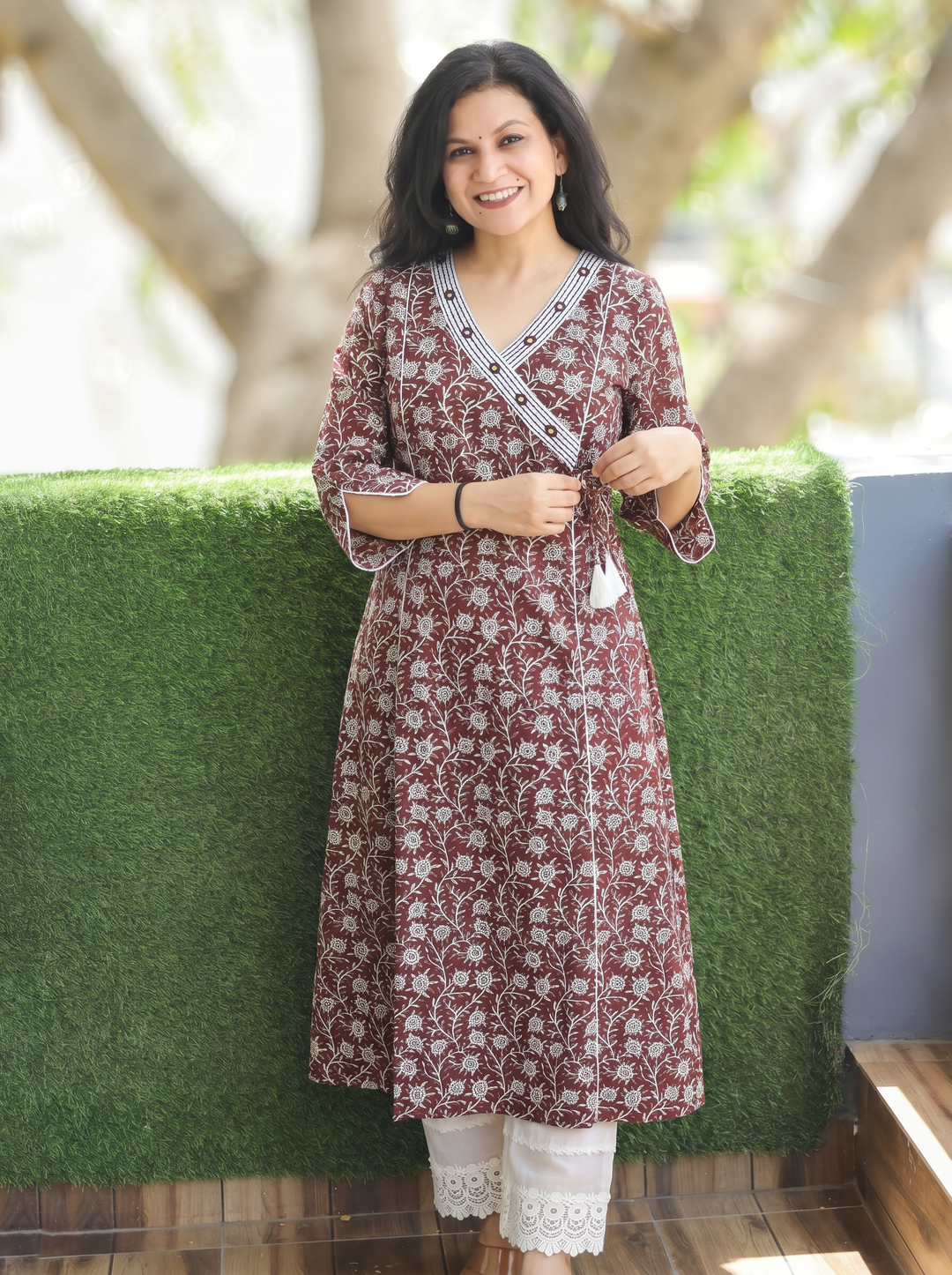 Varsha Mahogany Wine Angrakha Floral Panel Cotton Kurti