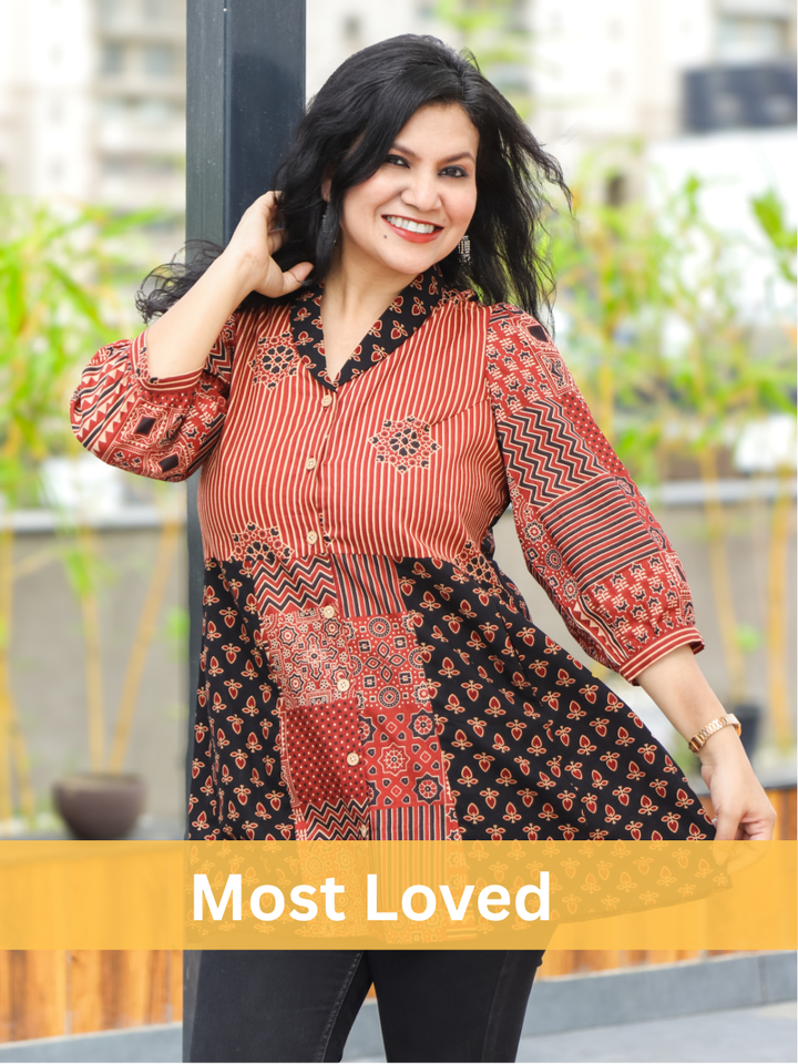 Sara Ebony Black Peplum Ajrak Cotton Shirt