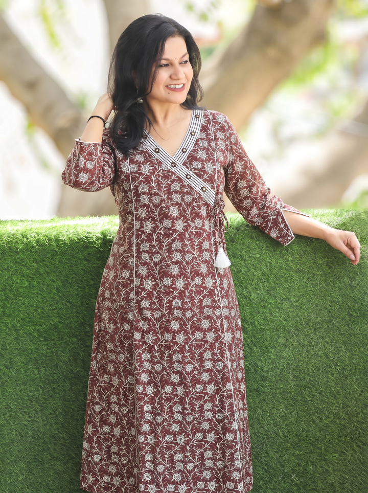 Varsha Mahogany Wine Angrakha Floral Panel Cotton Kurti