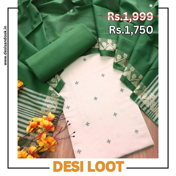 Bijuria Beige with Green All Over Thread Weaved Work South Cotton Suit Set