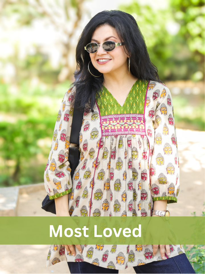 Mukhda Beige with Embroidered Yoke Panel Style Buddha Printed Short Cotton Kurti
