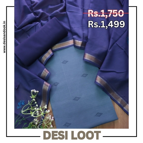 Bijuria Faded Blue All Over Thread Weaved Work in South Cotton Suit Set