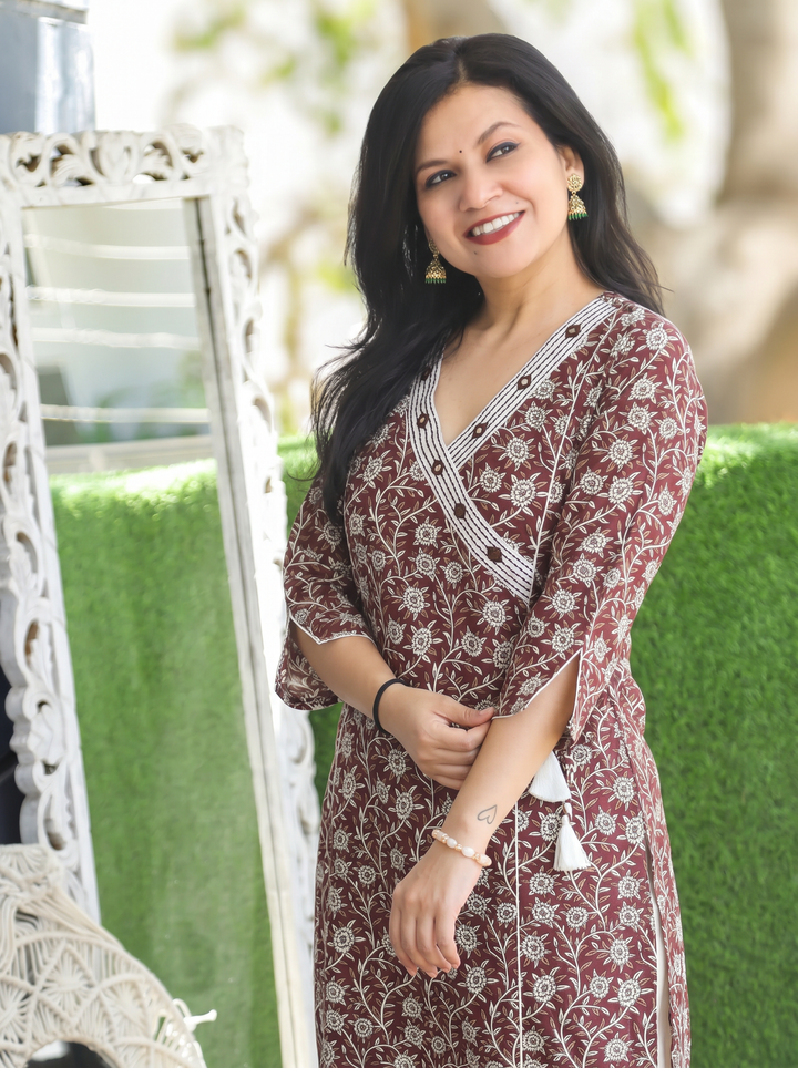 Varsha Mahogany Wine Angrakha Floral Panel Cotton Kurti