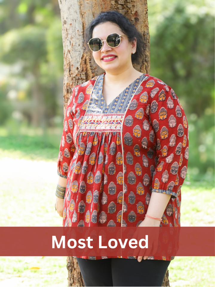 Mukhda Red with Embroidered Yoke Panel Style Buddha Printed Short Cotton Kurti