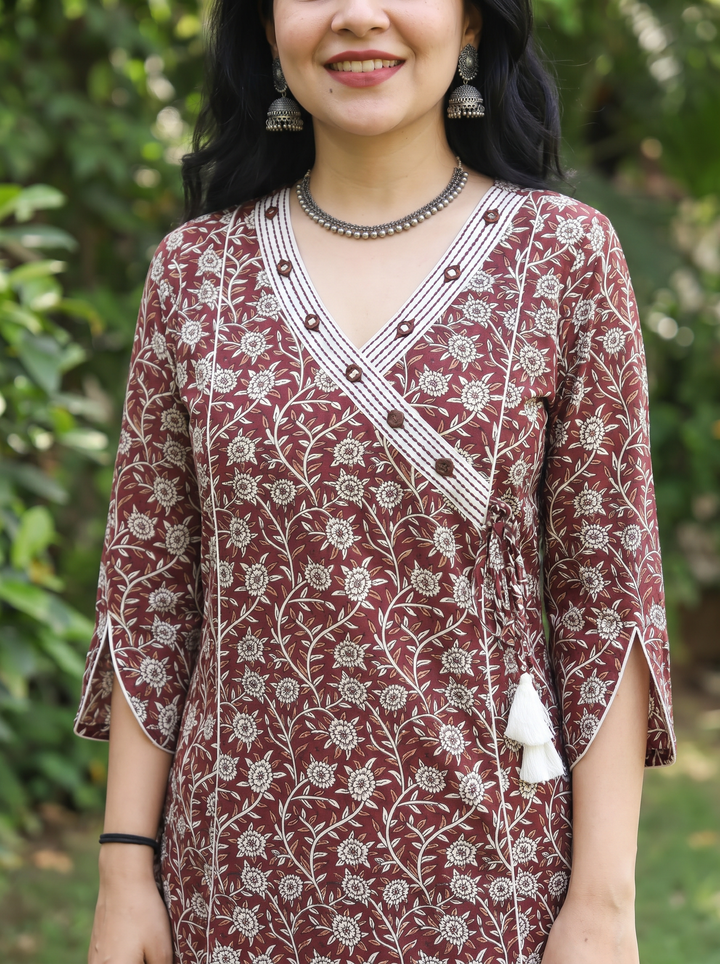 Varsha Mahogany Wine Angrakha Floral Panel Cotton Kurti