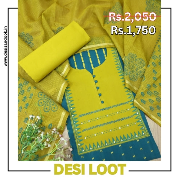 मुस्कानी Cerulean Teal Block Print with Potli Button Yoke Weaved Cotton Suit Set