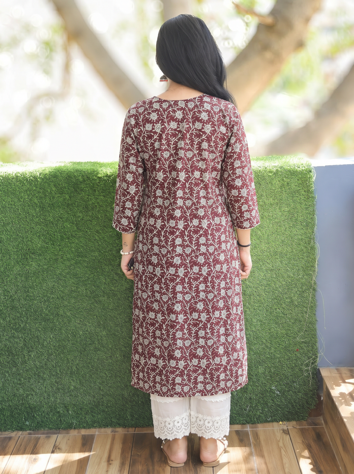 Varsha Mahogany Wine Angrakha Floral Panel Cotton Kurti